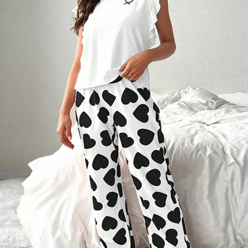 Women's Heart Print Tee and Pants Pajama Set, Lounge Pjs Set Casual Round Neck Sleeveless Top and Trousers Loungewear Ladies Sleepwear Pyjama for All Seasons