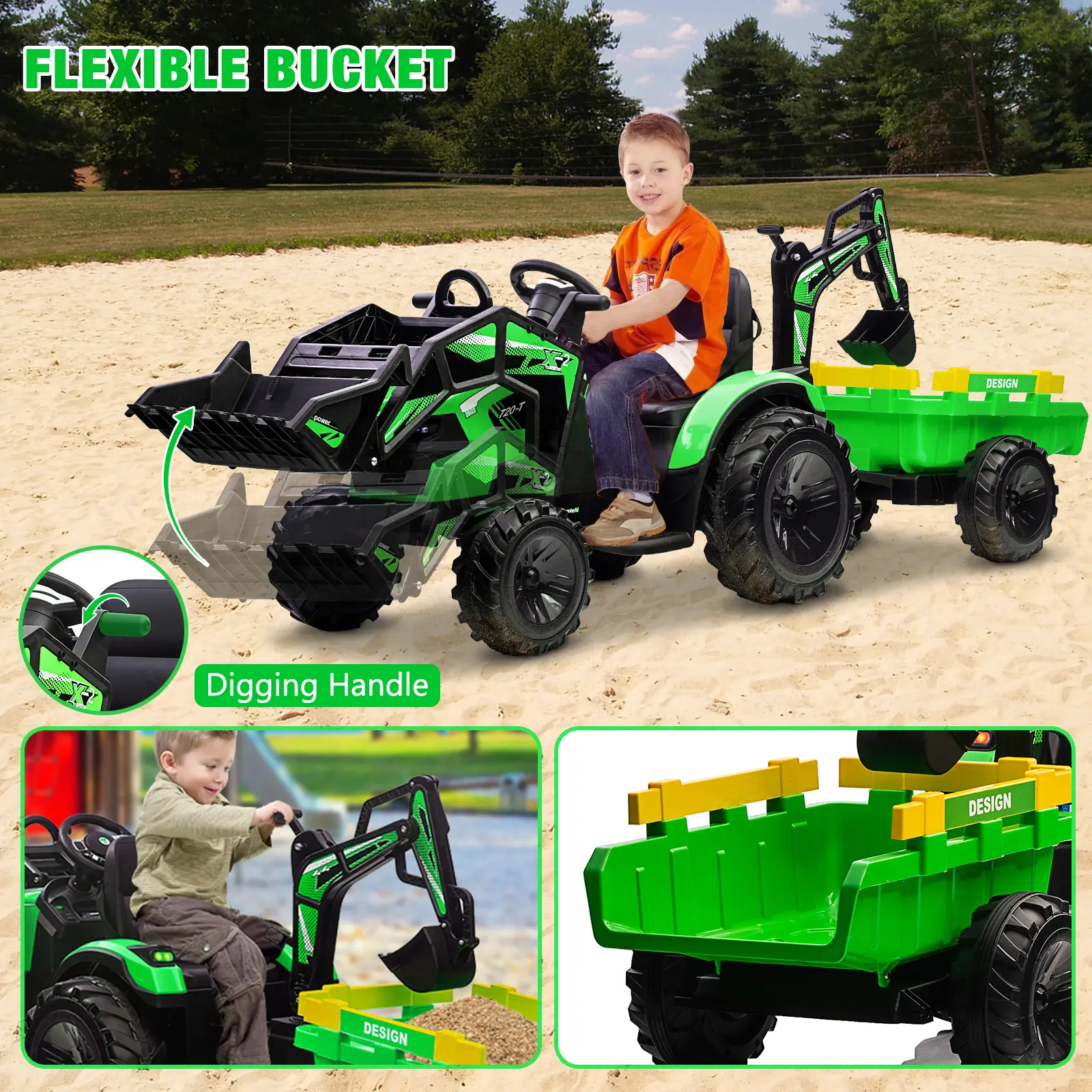 24V Rechargeable 3-in-1 Design Kids Ride-On Construction Vehicle Truck - Excavator/Bulldozer/Tractor, Remote Control, LED Lights, Music, USB, MP3 Port, Safety Features, Folding Kick Scooter, Ages 12+/12 Years Above, Personalized Riding