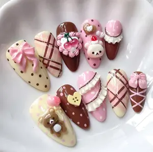 3D Neapolitan Press On Nails: Handmade Dessert Cherry Bear Bow Nail Art, Cute Reusable Gel Nails, Custom Fake Acrylic Nails for Women