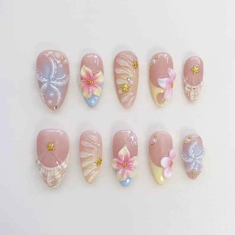 Starfish Bloom Elegance Press On Nails Short Almond Nails/Flower Nails/Yellow Nails/Spring Summer Nails/Shell Nails/Birthday Nails