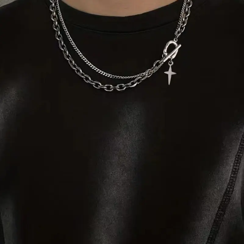 Men's Hip Hop Star Pendant Necklace, Cool Cuban Link Chain Design, Stainless Steel, Casual Style, All Seasons Wear, Trendy Accessory, Casual Trendy Jewelry
