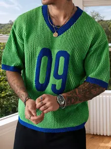 Men's Number Print Short Sleeve Crew Neck Crop Sweater, Casual Shortsleeve Fashion Knit Top for Summer, Fashion Men's Knitwear for Daily Wear, Vintage Crewnecks Jumper, Graphic Sweater