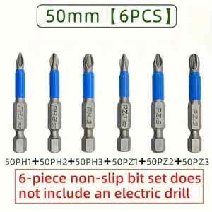 6-Piece Screwdriver Bit Set, 1/4" Hex Shank, PH1 PH2 PH3 PZ1 PZ2 PZ3, Hexagon Head, Magnetic Tip, Metal Construction, No Electricity Required