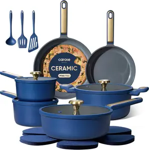 CAROTE Ceramic Cookwar Set, Pots and Pan Set Non Stick 18 Piece, Cookware Set Kitchen Cooking Set Non Toxic, PFAS PTFE Free, Blue