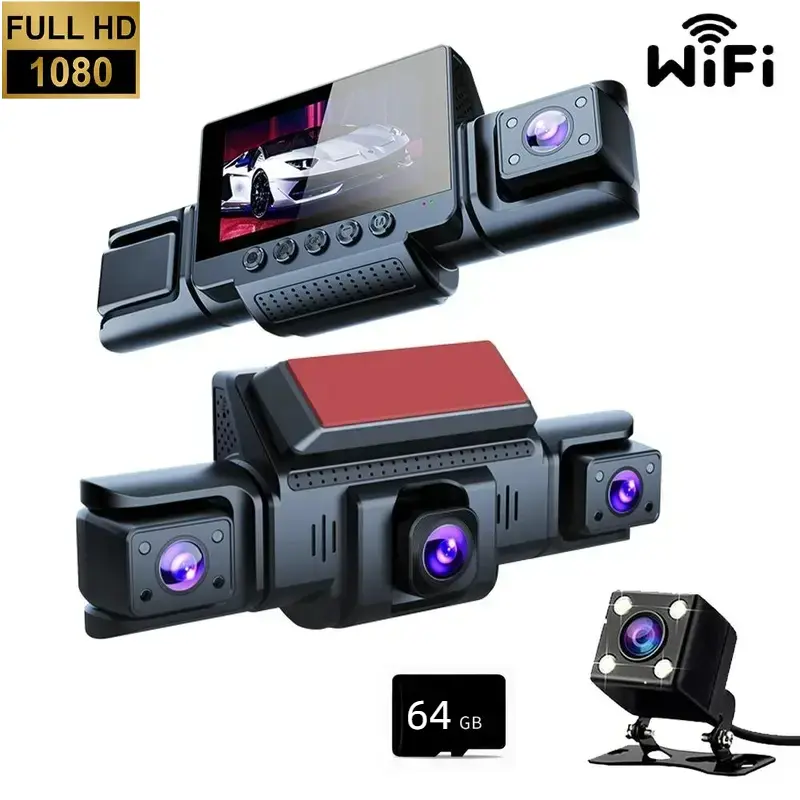 WHATOOK 4-Channel Car Dashboard Camera Dashcam, 1080p Full HD Car Driving Recorder with 64GB SD Card, 3" IPS Screen, Enhanced Night Vision, Stable Shell, GPS, Parking Mode, Loop Recording, Wi-Fi Connectivity