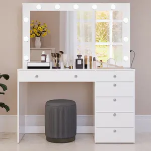 Daphne Vanity Hollywood Mirror Glass Top USB Charger 7 Drawers Solid Storage Studio Lighting Tempered Glass Top Integrated Charging Bluetooth Speaker Large Mirror Crystal Accents