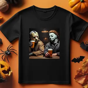 Vintage Jason and Michael Halloween Drink Beer T-Shirt, Michael Myers Halloween T-Shirt, Halloween Movie T-Shirt-- Give him/her a Halloween gift Casual Men's Black Halloween T-Shirt