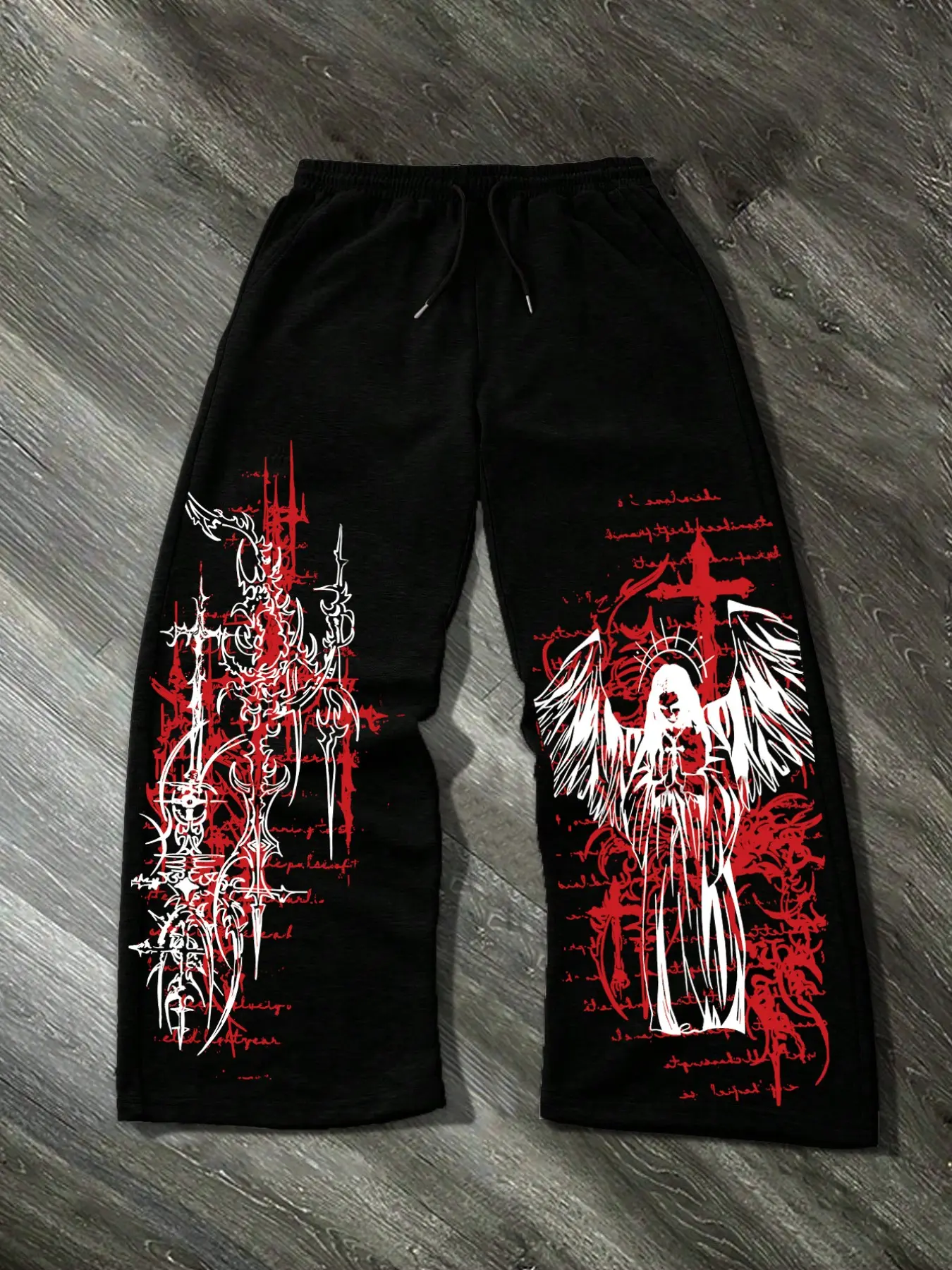 Men's Gothic Trendy Fashion Dark Aesthetic Graphic 'gothic Angel' Loose Pants, Drawstring Waist Detail, Dropped Wide Leg, Street Style Bottoms, Streetwear