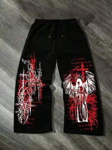 Men's Gothic Trendy Dark Aesthetic Graphic 'gothic Angel' Loose Pants, Drawstring Waist Detail, Dropped Wide Leg, Street Style Bottoms