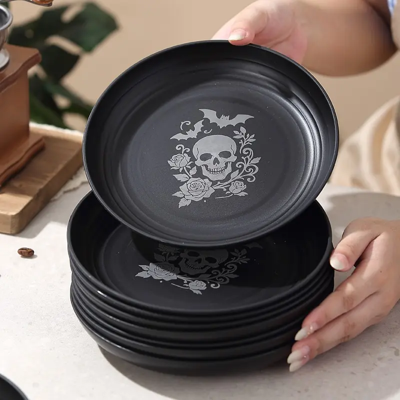 Gothic Skull and Rose Design Fancy Plastic Plates Party Decorative Tableware Set, Dishwasher and Microwave Safe, Perfect for Halloween, Christmas, Parties, Durable Home Use
