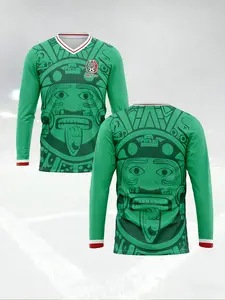 1 piece of customizable men's Mexican football team uniform, V-neck long-sleeved football jersey, Soccer Jersey, Jersey Shirts, full-body print, suitable for training, casual wear, party occasions, adult sports team club top.