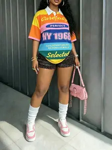 Women's Y2K Rainbow Striped Polo Shirt, Color Block Letter Print Short Sleeve Top, Suitable For Daily Street And Music Festival Casual Wear