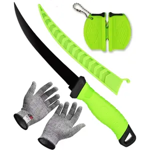 Fillet Knife, 7 Inches Professional Filet Knife for Fish, Stainless Steel Blade Fishing Knifes with Sharpener and Cutting Resistant Gloves, Fishing Stuff, Fishing Accessories, Green