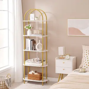 5 Tier Open Bookshelf, Modern Arched Bookcase Display Shelf Racks, Wooden Bookcase Storage Shelves Metal Frame, Tall Storage Organizer for Living Room, Easy Assembly