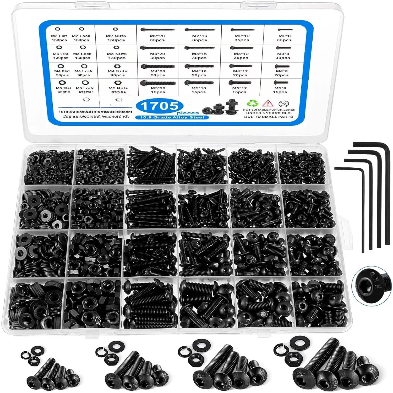 1705 count Machine Screw Assortment Kit, M2 M3 M4 M5 Metric  and Nuts Kit with Lock and Flat Washers, Hex Button  10.9 Alloy Steel Cap Screw Set with Allen Wrench
