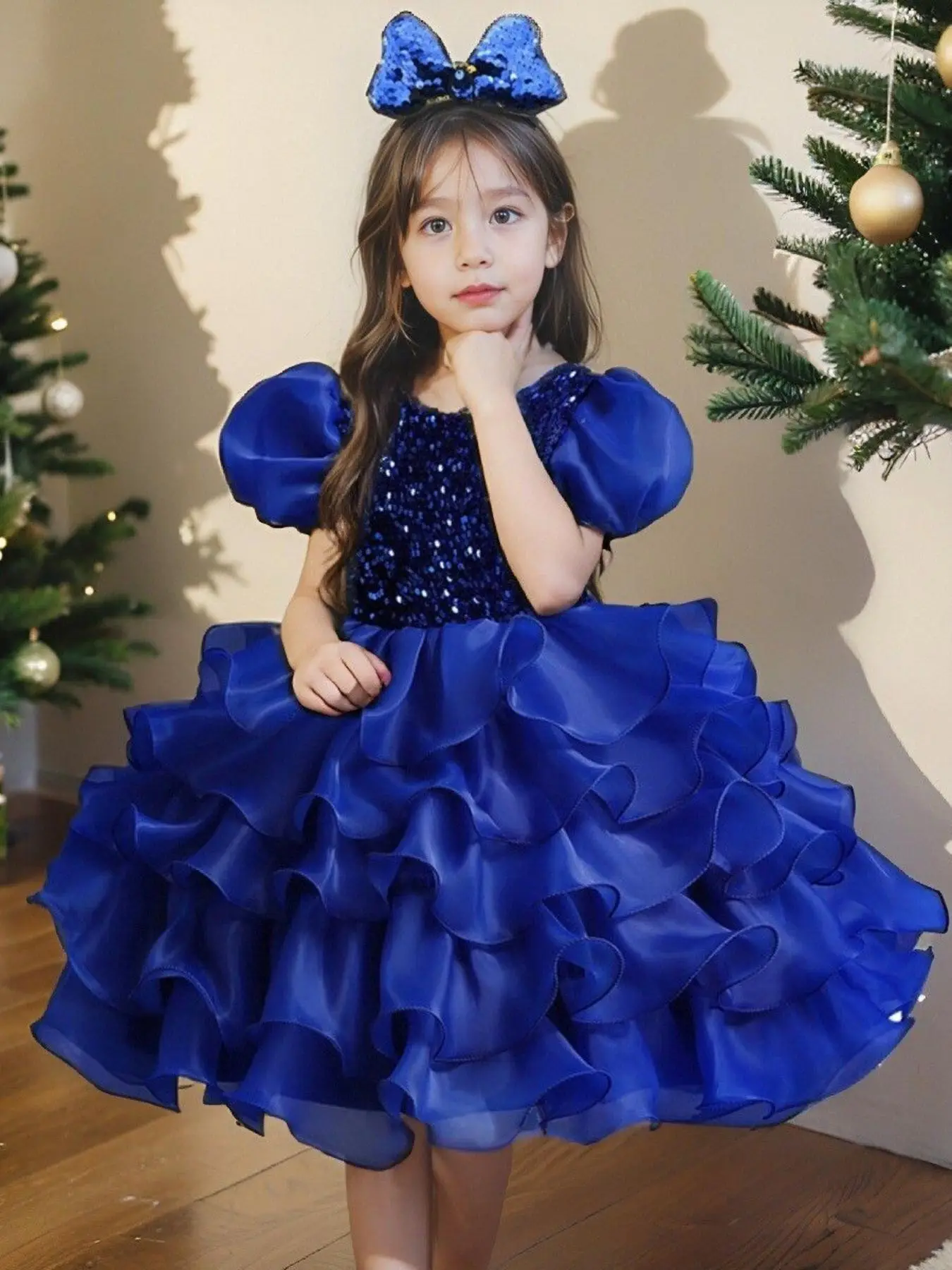 Two-piece Set Girl's Contrast Sequin Tiered Layer Fit and Flare Dress & Bow Decor Headband, Elegant Puff Sleeve Round Neck Party Dress & Headband Set,