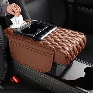 summervibes box storage pocket Car Glove Compartment Cover PU Leather Waterproof Wear-Resistant Tissue Box Storage Bag Water Cup Holder Multi-Functional Armrest Heightening Pad