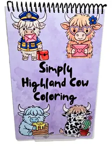 Simply Highland Cow Coloring Book- Medium Size 5.5x8.5 with 40pgs Spiral Binding Laminated Cover