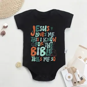 100% Cotton Baby Onesies “Jesus Loves Me This l Know” Letter Print Soft Versatile Round Neck Baby Onesies