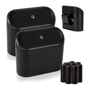 Mini Car Trash Can with Lid - 2 Pack Compact Leakproof Garbage Bin for Cars, Homes & Offices with 120 Trash Bags (Black)