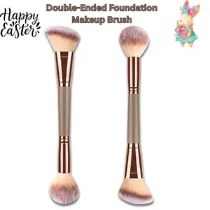 Dual head Foundation Makeup Brush – Angled & Round Top for Liquid, Powder & Cream, Professional Blending Brush, Brown with Champagne Gold Handle, Easter Gift