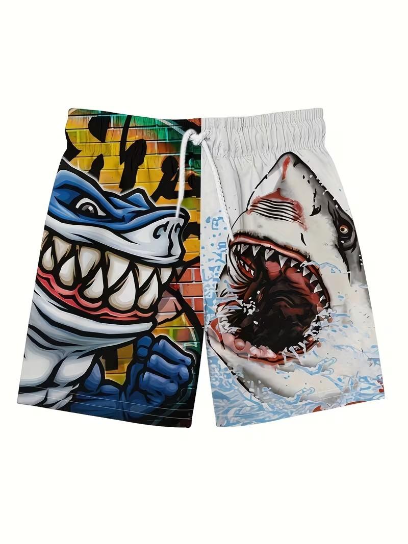 Men'S Beach Shorts Featuring a 3D Shark Pattern Made from Casual Polyester with a Drawstring Waist Shark Head Pattern Beach Shorts