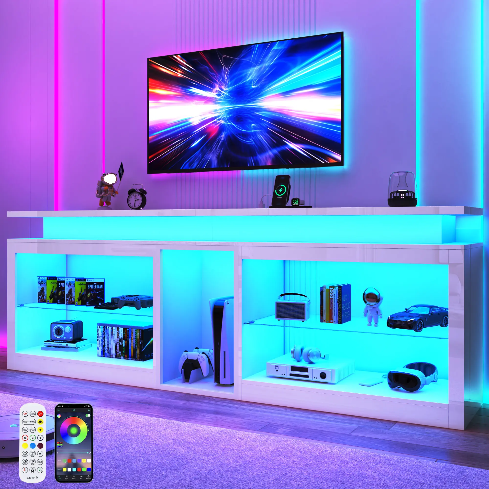 80.7"/71" LED TV Stand with Power Outlet,60-Colors LED Lights For 65 70 80 85 90in TV,High Gloss Gaming Entertainment Center w/Adjustable Shelves,White TV Console with Modern Design for Living Room Bedroom