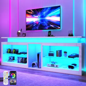 80.7" LED TV Stand with Power Outlet,60-Colors LED Lights For 80 85 90in TV,High Gloss Gaming Entertainment Center w/Adjustable Shelves,White TV Console with Modern Design for Living Room Bedroom