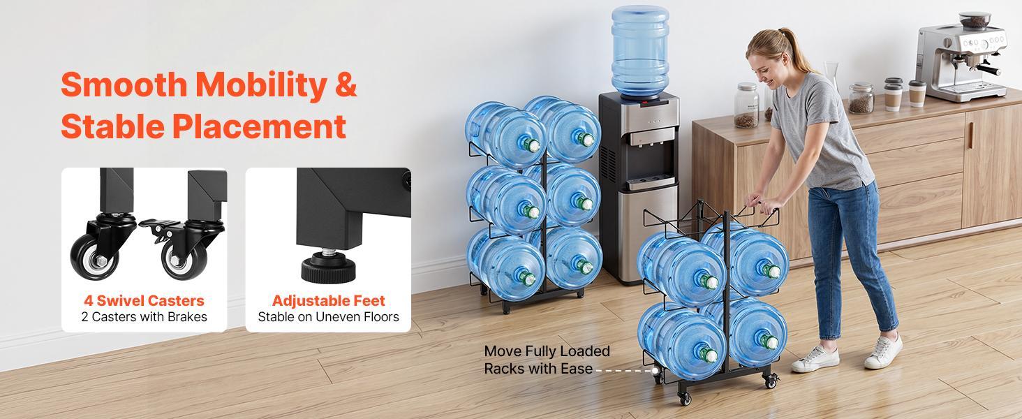 【Summerfinds】VEVOR Water Jug Holder3 Tiers Double Rows 3 and 5 Gallon Water Bottle Holder for 6 BottlesHeavy Duty Jug Rack Organizer with Casters and HandlesFoldable for KitchenOfficeLiving RoomBlack