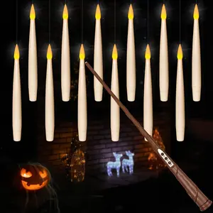 Halloween Decor Floating Candles With Wand 12pcs Magic Hanging Candles With Remote 6.1IN Flameless Taper Led Candle Battery Operated Floating Window Candle for Christmas Wedding Halloween