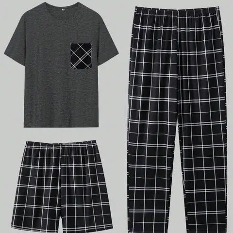 Men's Round Neck Short Sleeve Pocket Tee & Elastic Waist Pants & Straight Leg Shorts Pyjamas Set, Regular Fit Soft Breathable Three-piece PJ Set for Daily Wear, Casual Comfy Men's Sleepwear Set for Summer Pajamas, Pajamas for Adults Pyjama Sets