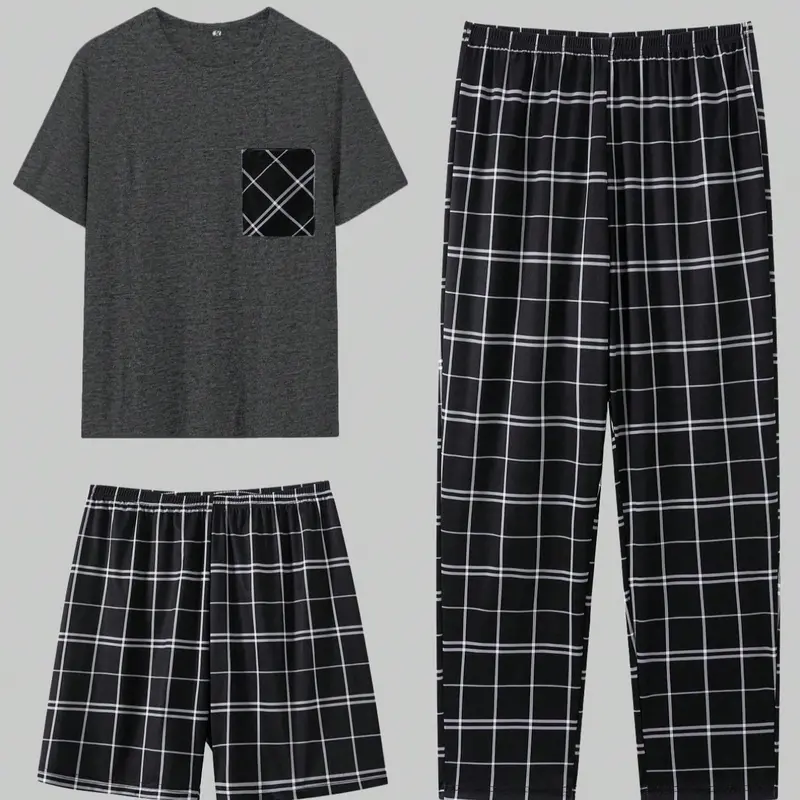 Men's Round Neck Short Sleeve Pocket Tee & Elastic Waist Pants & Straight Leg Shorts Pyjamas Set, Regular Fit Soft Breathable Three-piece PJ Set for Daily Wear, Casual Comfy Men's Sleepwear Set for Summer Pajamas, Pajamas for Adults Pyjama Sets