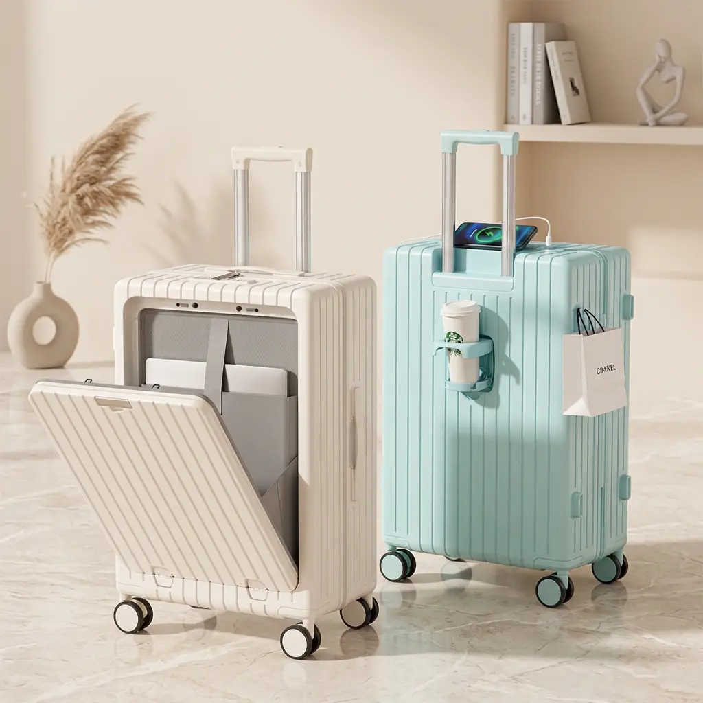 LING RONG Front Opening Hard Shell Carry On Luggage, Multifunctional Suitcase with Cup Holder, USB Port, TSA Lock, 360° Spinner Wheels