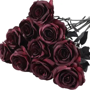 Realistic Rose Flowers, Halloween Decoration Fake Roses, Gothic Style Photography Props, Wine Color Roses, Artificial Roses Bouquet