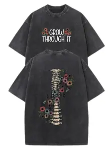 230g Washed Cotton Unisex T-Shirt - Dual-Sided GROW THROUGH IT & Floral Print, Retro Vintage Loose Fit Short Sleeve Top for Men & Women, Spring Summer Casual Wear boyfriend tees