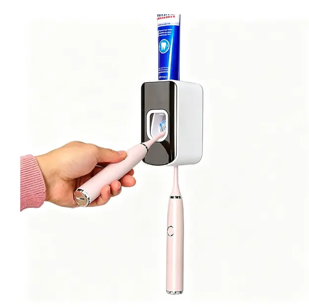 Wall Mounted 2 Slot Toothbrush Holder & Automatic Toothpaste Squeezer, 2-in-1 Toothbrush Toothpaste Organizer for Bathroom, Dark Tea Color, 1Pcs