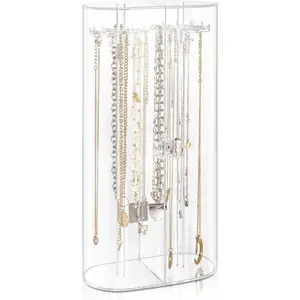 Necklace Holder, Clear Necklace Organizer with 24 Hooks, Dustproof Rotation Jewelry Storage Holder Stand, Long Necklaces Pendant Bracelets Display Case for Dresser Bathroom Vanity Countertop