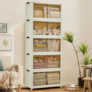 Garvee 405QT Stackable Storage Bins with Lids, Plastic Storage Drawers Featuring Magnetic Doors and Wheels, Foldable Collapsible Closet Organizers for Home, Dorm, and Office Use in White