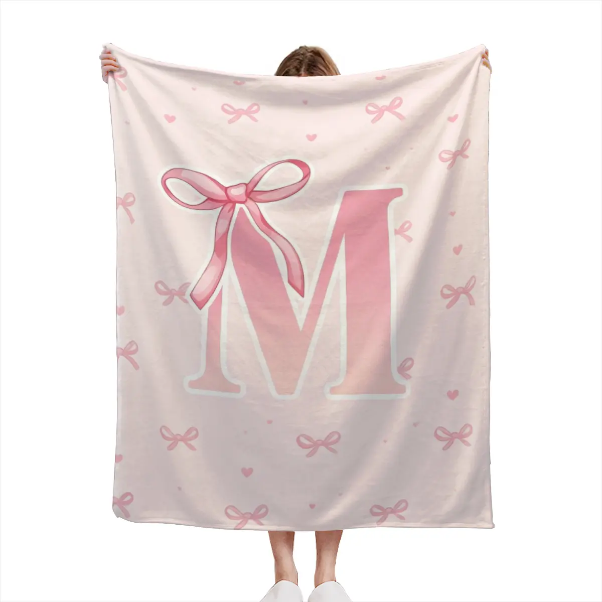 Coquette Pink Bow Initial Z Throw Blanket, Monogram Letter Z Flannel Blanket, Soft Cute Girly Aesthetic Decor Blanket, Personalized Gift for Women