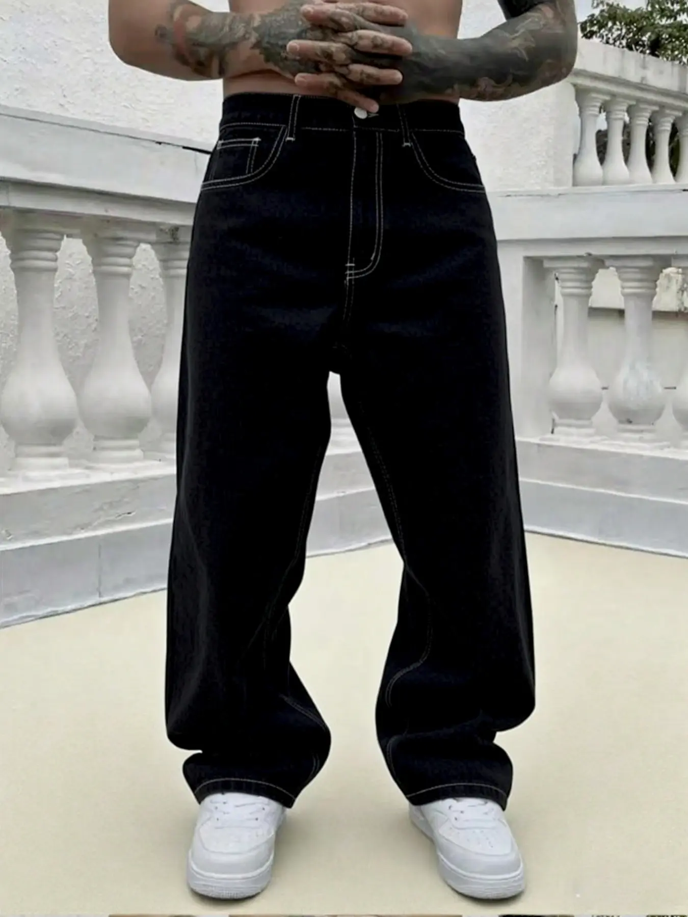 Men's Y2K Vintage Wide Leg Jeans, Colorblock Stitching Loose Fit Denim, Streetwear Boyfriend Style, All Seasons Pocket