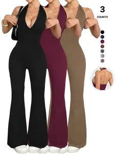 Women's Halter Neck Jumpsuit, Sleeveless Deep V Backless Design, Flare Leg Romper for Casual Wear, Stylish, Comfortable and Fitted, Womenswear