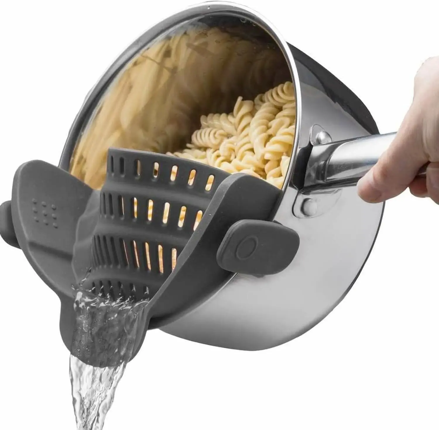 Kitchen Gizmo Snap N' Strain - Silicone Pasta Strainer Clip-On for Pots and Pans - Heat Resistant Colander for Vegetables and Noodles - Kitchen Gadgets for Cooking - Space-Saving Design - Gray Utensils