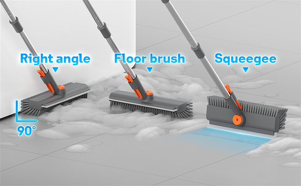 Floor Scrub Brush with Long Handle, 3 in 1 Scrape and Heavy-Duty Stiff Bristle Scrubber Brush for Cleaning Shower Bathroom, Patio, Pool, Garage, Kitchen, Wall and Deck (Gray, 1 Pack)