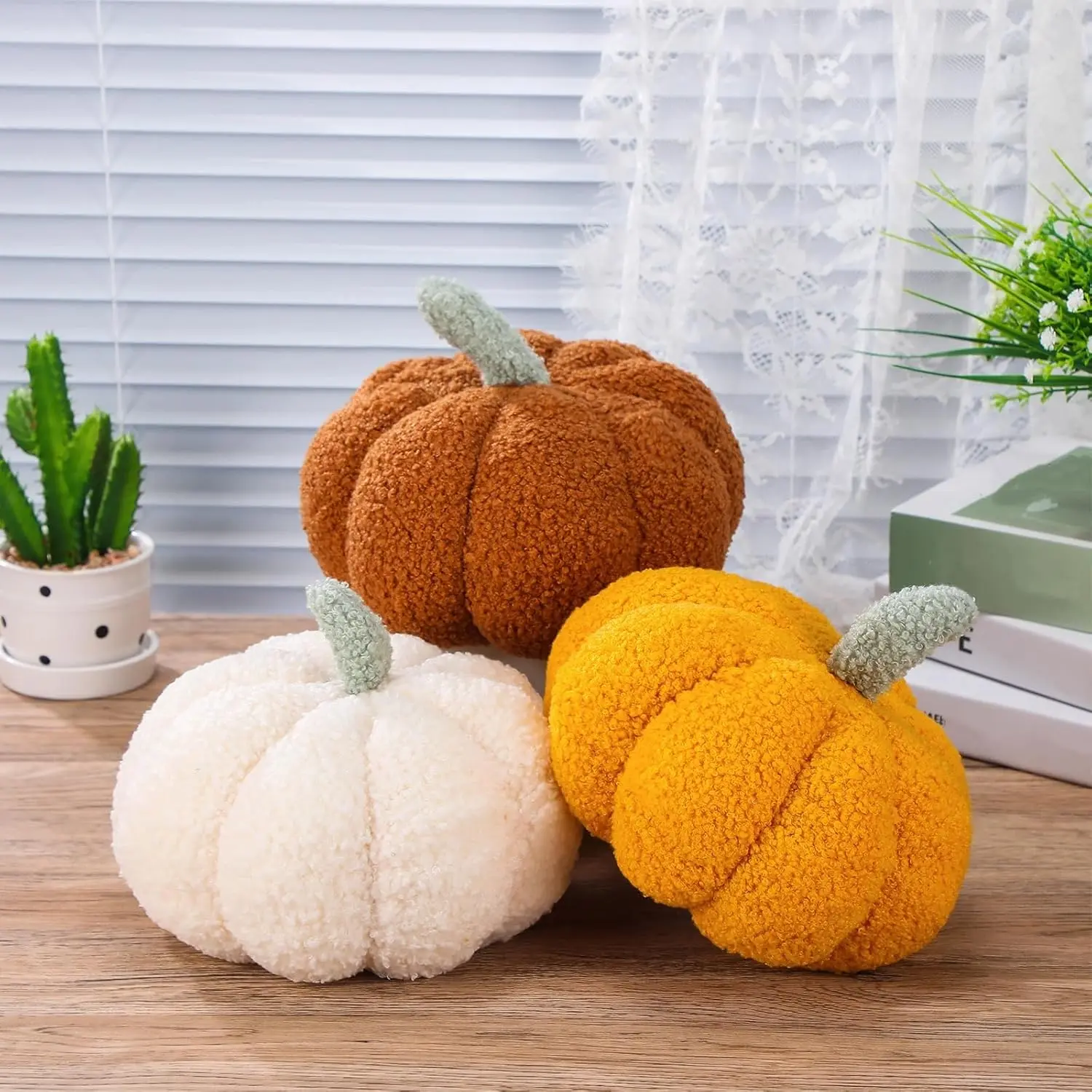 3 count Pumpkin Pillows 3D Throw Cushion Plush Soft Sofa Pillows Stuffed Pumpkin Decoration for Fall Thanksgiving Winter Home Living Room(7.87 Inch,White, Yellow, Brown)
