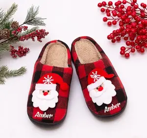 Custom Christmas Slippers, Santa slippers, Plaid Buffalo slippers, Christmas Gift, Winter Xmas Custom slippers, Cheap Xmas gift for her