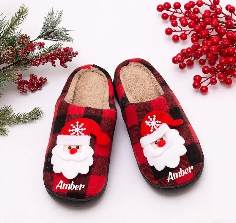 Custom Christmas Slippers, Santa slippers, Plaid Buffalo slippers, Christmas Gift, Winter Xmas Custom slippers, Cheap Xmas gift for her