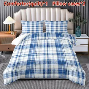 Blue Plaid Quilt Set with 2 Pillowcases, Soft Breathable Digital Print, Includes 200gsm Filling, Ideal for Bedroom Dorm Home Use