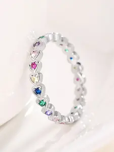 Minimalist Band Rings for Women, Rainbow Colors Synthetic Zirconia Stackable Heart Design Ring, Perfect Gift for Birthdays & Anniversaries