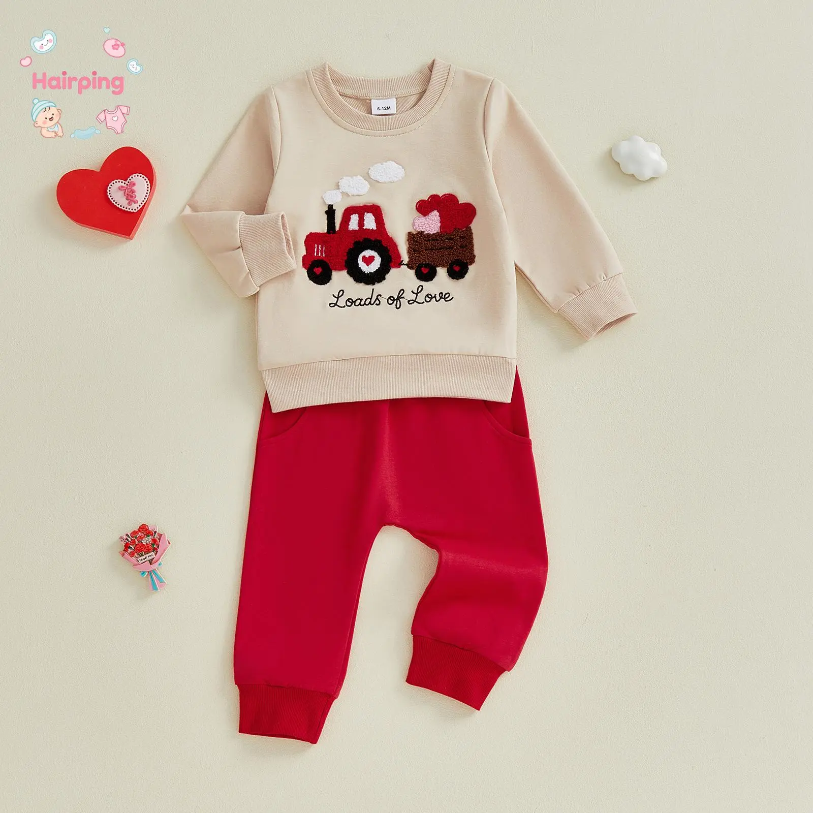 Toddler Baby 2-Piece Outfit - Beige & Red 3D Tractor Embroidery Sweatshirt with ‘Loads of Love’ Print & Jogger Pants, Casual Valentine’s Day Boys Girls Tracksuit