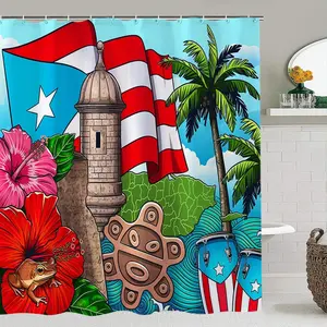 Creative Puerto Rican Culture Caribbean Print Shower Curtain Set, Waterproof Home Bathroom Decoration Accessories, Includes 12 Hooks, Bath Mat, Toilet Pad, Christmas Gift